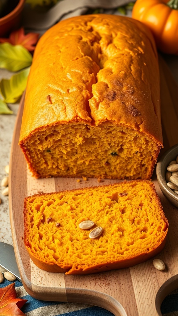 Easy Pumpkin Bread Recipe A loaf of golden pumpkin bread sliced on a wooden board, with autumn leaves in the background.